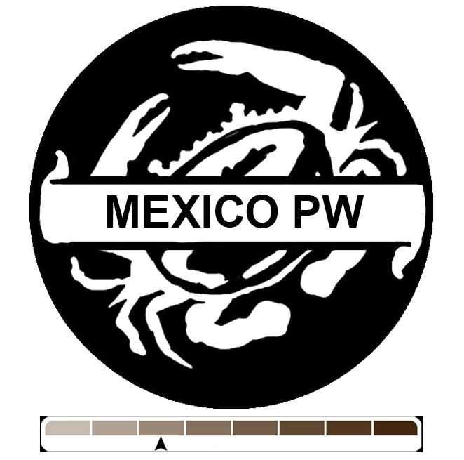Zeke's Coffee Logo Medallion design of a crab with most of the body being a coffee bean.  Banner overlays crab bean and says "MEXICO PW" Roast scale bar located below indicating a lightly roasted coffee with a 3 out of 8 on the scale ranging from 1 to 8, 1 being the lightest, 8 the darkest.